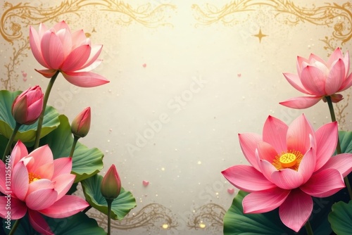 Opulent gold lotus & lily buds, invitation backdrop, texture, rich