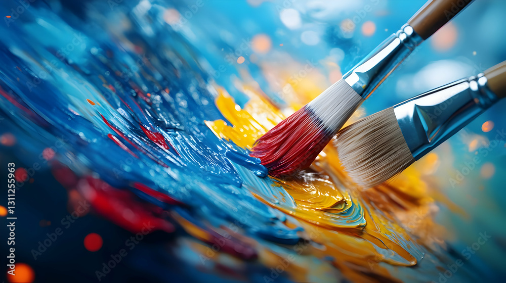 Fototapeta premium Close-up of paintbrushes mixing vibrant colors on a palette, capturing the joy of artistic expression and creativity.
