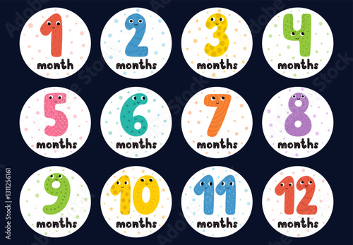 Baby monthly milestone stickers collection with cute numbers. Anniversary circle cards set with 1-12 months. Vector illustration