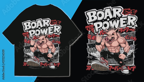 Boar Power T-Shirt – Muscular Wild Boar, Rock and Punk Style, Streetwear Fashion, Fierce Animal Strength, Bold Cartoon Character, Urban Rebel Design, Edgy Graphic Tee