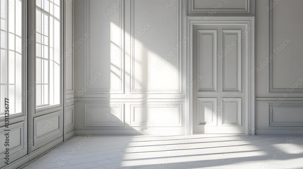 Bright, minimalistic interior of a modern room with large windows casting shadows on the floor Bright, minimalistic interior of a modern room with large windows casting shadows on the floor