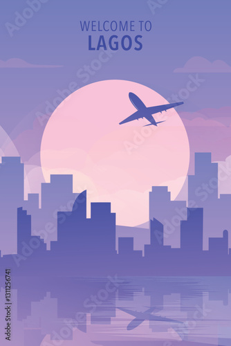 Welcome to Lagos, Nigeria. Gradient city poster, card with shapes of skyline, waterfront and airplane. Africa travel vector illustration, print, graphic