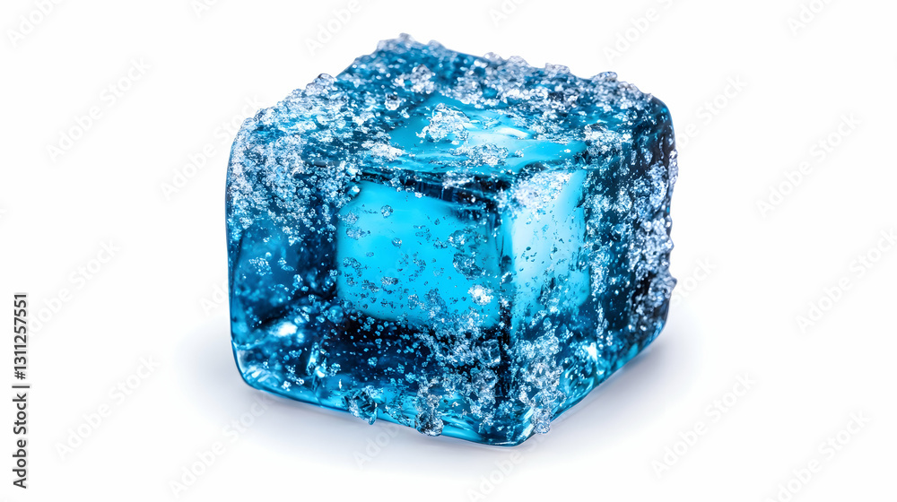 Frosted blue ice cube sparkling, on a white surface, lit beautifully Frosted blue ice cube sparkling, on a white surface, lit beautifully