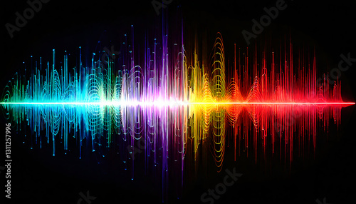 Sonic Spectrum: A vibrant visualization of sound waves, with an explosion of multicolored energy radiating from the center, demonstrating the dynamics and spectrum of audio signals.