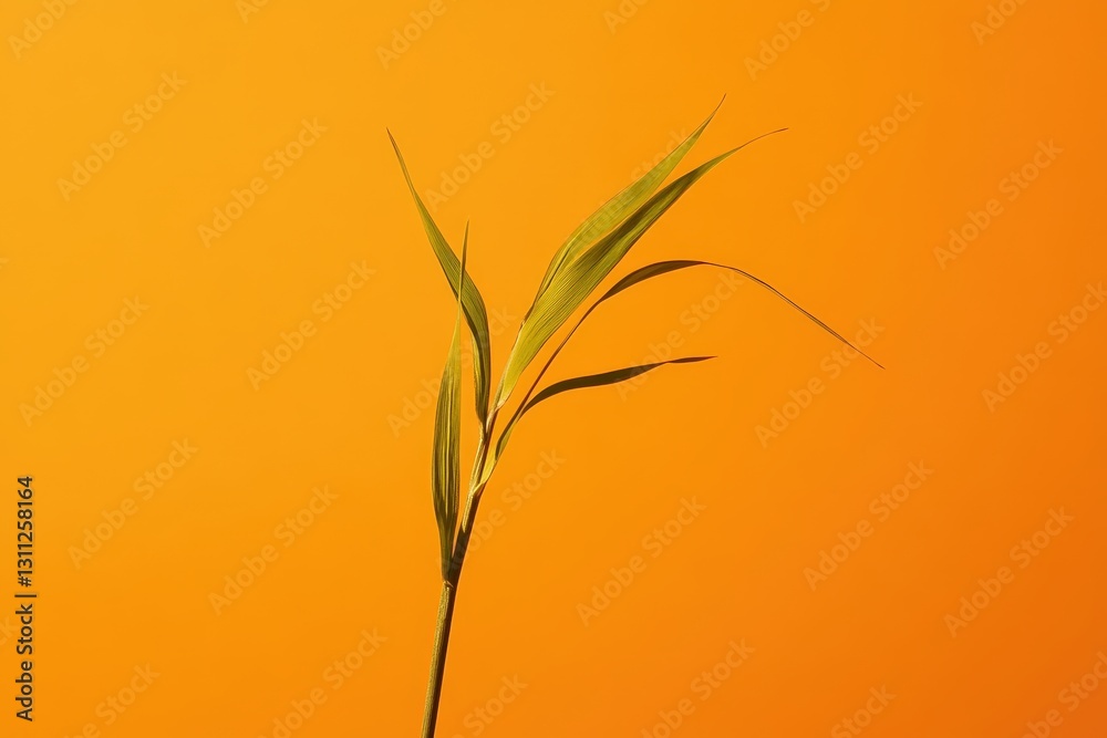 A single plant stem and leaves presented against an orange background A single plant stem and leaves presented against an orange background