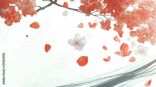 Cherry blossom branch extending on pure white background.