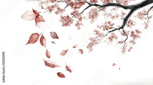Cherry blossom branch extending on pure white background.