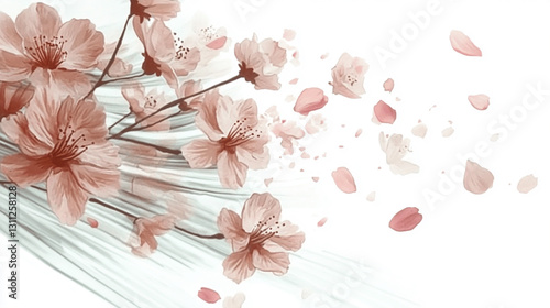 Cherry blossom branch extending on pure white background.