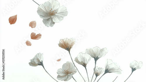 Cherry blossom branch extending on pure white background.