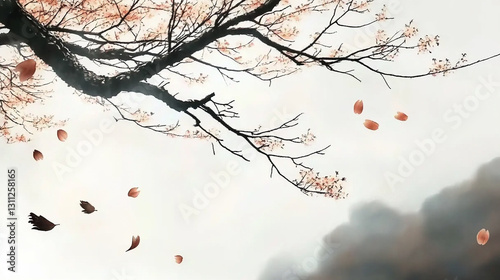 Cherry blossom branch extending on pure white background.