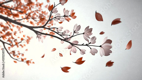 Cherry blossom branch extending on pure white background.