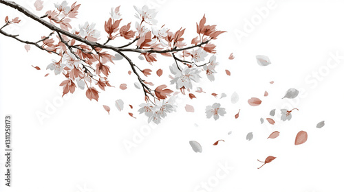 Cherry blossom branch extending on pure white background.
