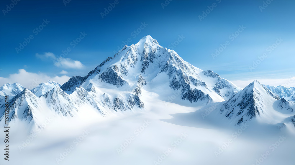Majestic snow-capped mountain peak beneath a clear blue sky, surrounded by clouds, showcasing nature's breathtaking beauty. Majestic snow-capped mountain peak beneath a clear blue sky, surrounded by clouds, showcasing nature's breathtaking beauty.
