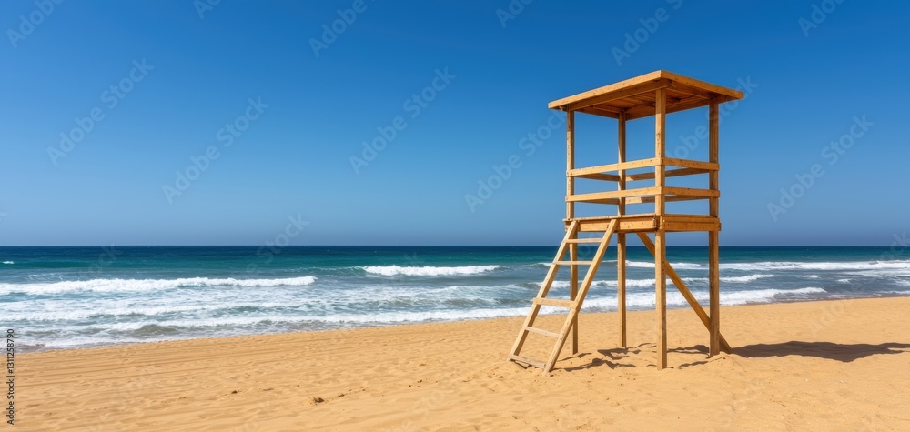 Lifeguard tower on a sandy beach, with waves and a clear sky, standing tall in a summer coastal safety scene Lifeguard tower on a sandy beach, with waves and a clear sky, standing tall in a summer coastal safety scene