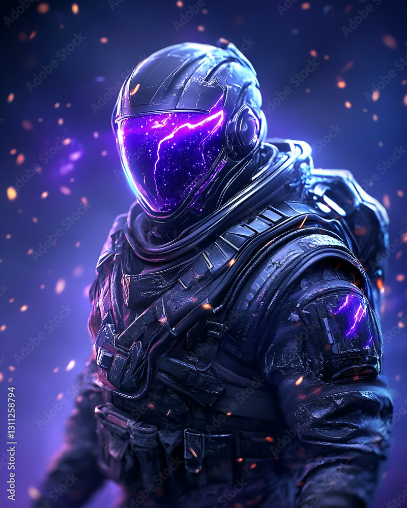 Futuristic Astronaut in Glowing Armor, Cosmic Background Futuristic Astronaut in Glowing Armor, Cosmic Background