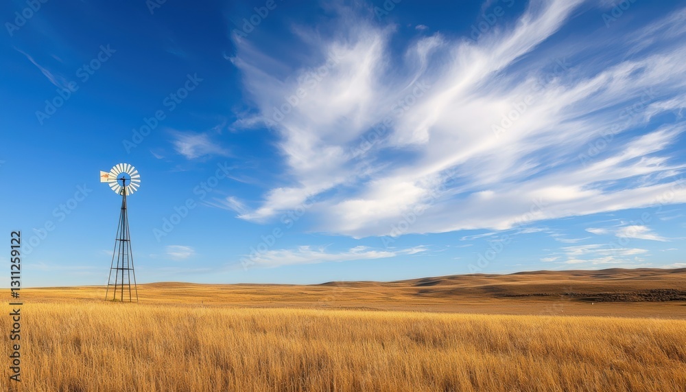 Obraz premium Long shadow of a windmill, across a prairie with golden grass, stretching in a summer rural light scene