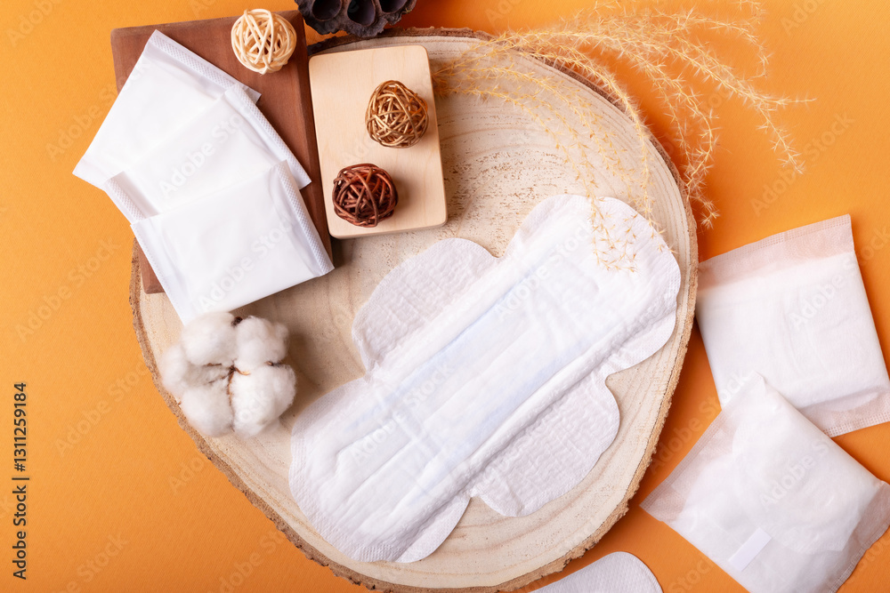 Menstrual hygiene pads from above on a wooden desk on orange background. Soft cotton absorbent menstrual pads for women during menstruation. Feminine hygiene. Protection pads for women. Menstrual hygiene pads from above on a wooden desk on orange background. Soft cotton absorbent menstrual pads for women during menstruation. Feminine hygiene. Protection pads for women.