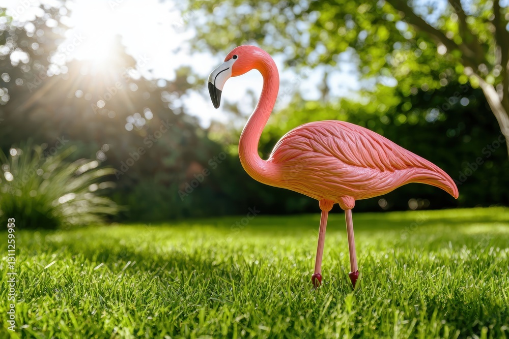 Fototapeta premium Pink flamingo lawn ornament, in a garden with green grass and sunlight, popping in a summer quirky vibe