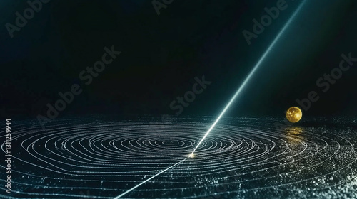 A striking white laser beam cuts through a deep black background, creating a futuristic and high-contrast visual effect.