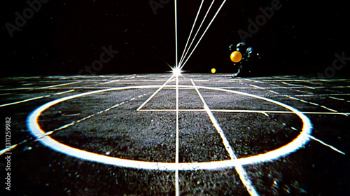A striking white laser beam cuts through a deep black background, creating a futuristic and high-contrast visual effect.