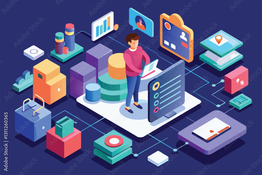 A digital user interacts with customizable personal data elements in an organized tech display, Personal data Customizable Isometric Illustration A digital user interacts with customizable personal data elements in an organized tech display, Personal data Customizable Isometric Illustration