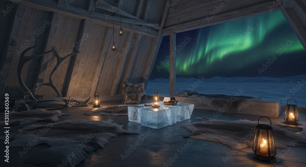 Fototapeta premium Cozy Cabin Interior with Northern Lights View and Ice Furniture