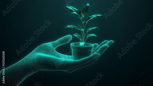 A pair of futuristic digital wireframe hands gently holding a glowing light, symbolizing technology, innovation, and artificial intelligence.