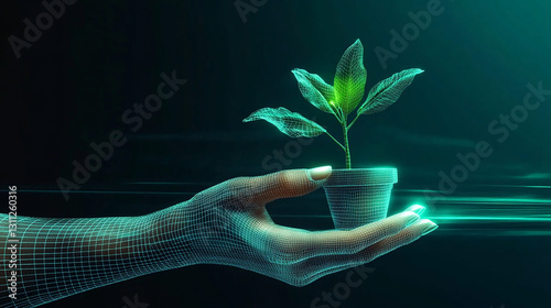 A pair of futuristic digital wireframe hands gently holding a glowing light, symbolizing technology, innovation, and artificial intelligence.
