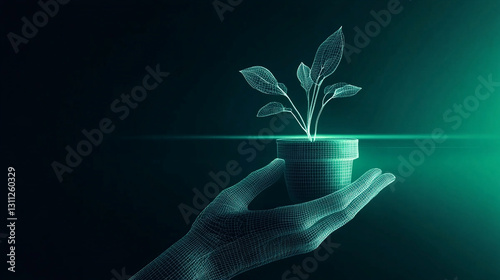 A pair of futuristic digital wireframe hands gently holding a glowing light, symbolizing technology, innovation, and artificial intelligence.