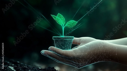 A pair of futuristic digital wireframe hands gently holding a glowing light, symbolizing technology, innovation, and artificial intelligence.