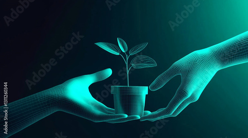A pair of futuristic digital wireframe hands gently holding a glowing light, symbolizing technology, innovation, and artificial intelligence.