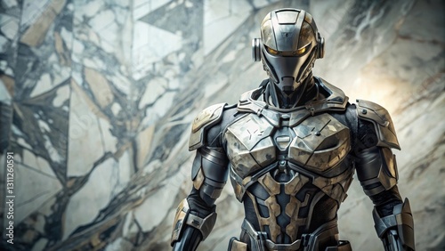 Futuristic humanoid assassin robot character in marble camouflage armor, futuristic, humanoid, assassin, robot