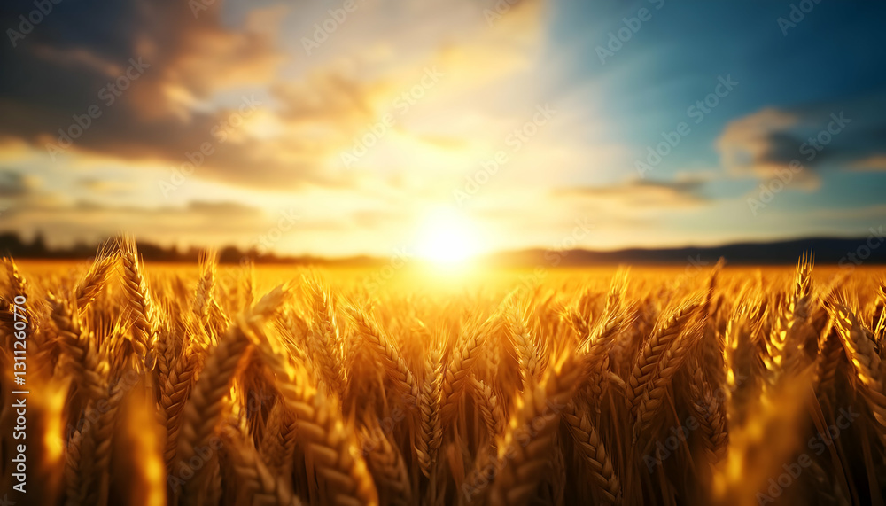 Wheat field bathed in golden sunlight during sunset, creating a serene and picturesque rural landscape. Wheat field bathed in golden sunlight during sunset, creating a serene and picturesque rural landscape.