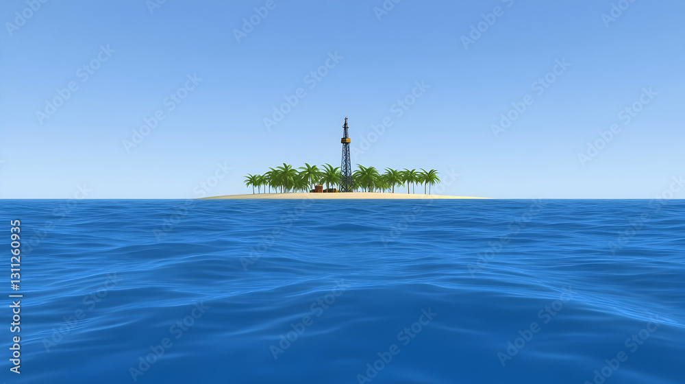 3D Render Tropical Island Lighthouse Seascape Scene With Palm Trees 3D Render Tropical Island Lighthouse Seascape Scene With Palm Trees