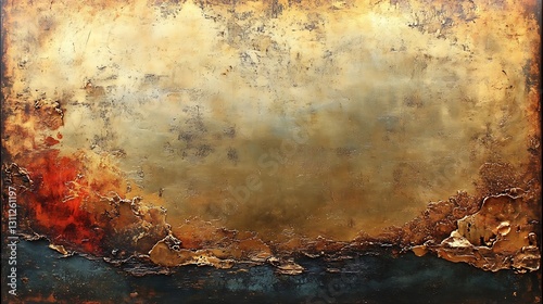 Textured abstract painting with a warm golden center fading to bronze and blue at the edges, suggestive of a landscape. Suitable for backgrounds or artistic displays.

