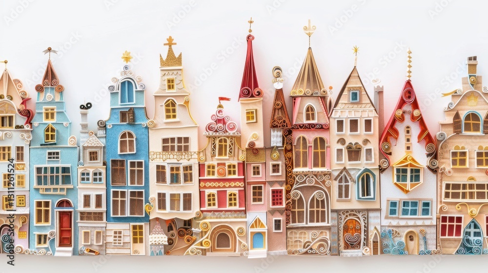 A charming European cityscape created using detailed paper quilling techniques. A charming European cityscape created using detailed paper quilling techniques.