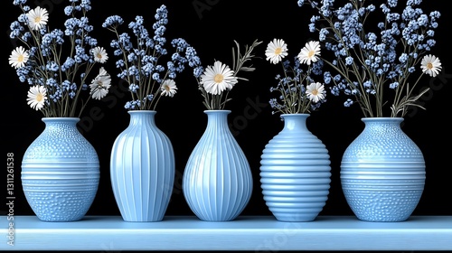 Five light blue vases, each with varying textures, hold white and light blue flowers. This appealing image is used to submit a file to Adobe Stock.


