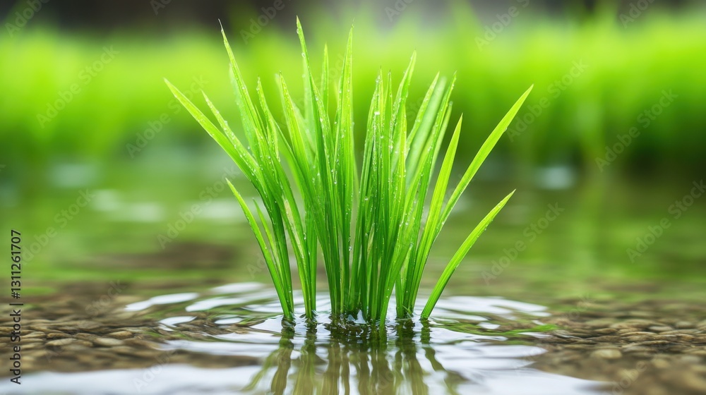 Obraz premium Vibrant green rice shoots emerging from shallow water, glistening with fresh dew drops, reflecting in the clear water surface.