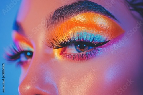 Bright and trendy female eye makeup featuring colorful shadows and elegant false eyelashes on a vivid background for artistic expression
