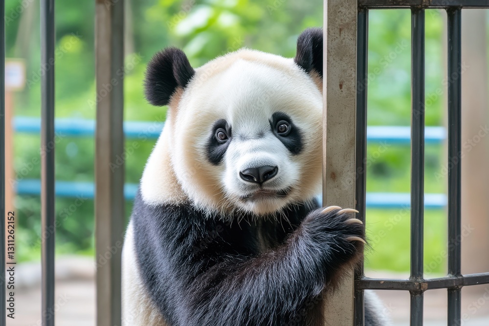 Obraz premium A young panda peeks through metal bars, with a curious expression, holding onto the bars with one paw.