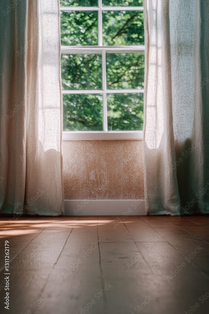 Sunlight streams through sheer curtains, illuminating wooden flo Sunlight streams through sheer curtains, illuminating wooden flo