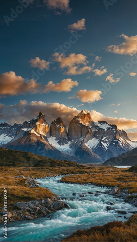 Majestic patagonian peaks reflected in pristine river waters