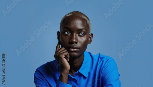Pensive African Woman Portrait: Striking Blue Fashion Studio Headshot