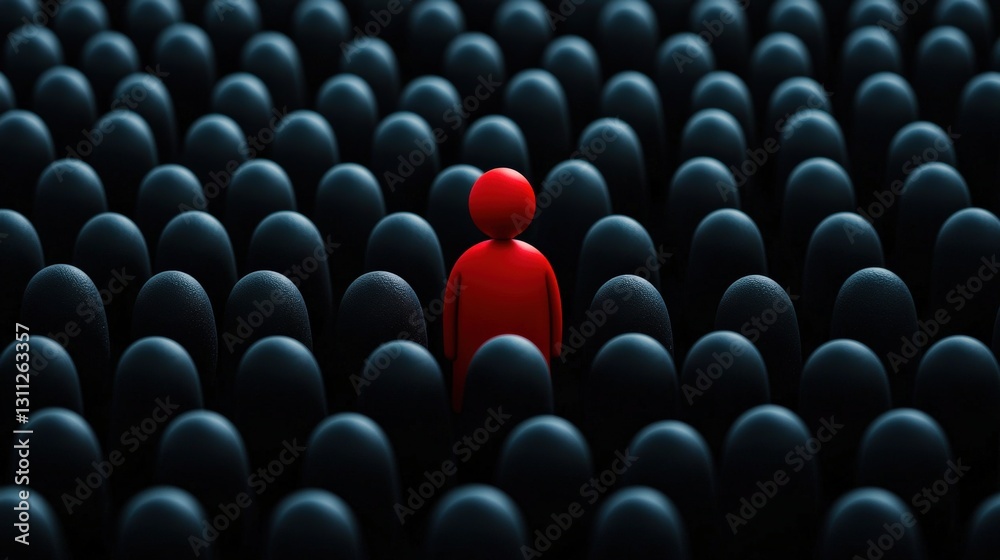 Obraz premium A bold red figure standing out in a monochrome crowd.