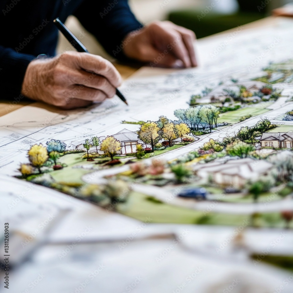 Fototapeta premium An engineer marking a construction site plan against urban landmarks.