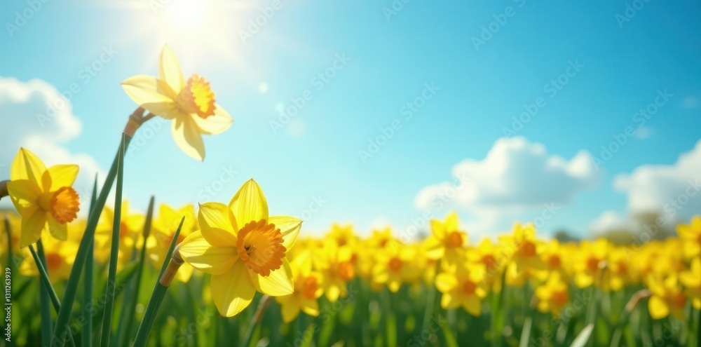 Fototapeta premium Sunlit daffodil field, vibrant yellow blooms against azure sky, nature, meadow