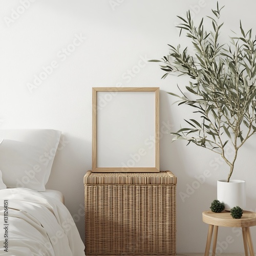 Blank framed poster on bedside table in bedroom
