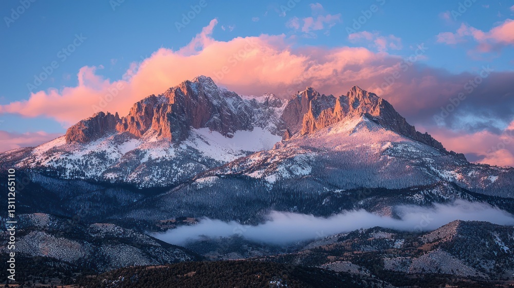 Obraz premium Majestic snow-capped mountain peak at sunset, clouds illuminate the peaks with warm light.