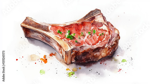 Vector illustration, watercolor of at bone steak, isolated on a white background. 