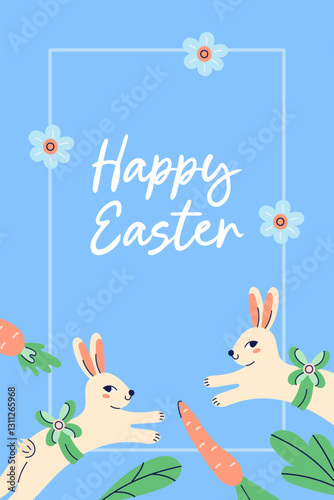 Cute poster With Bunnies for Happy Easter holiday. Design with flowers, carrots and text on blue background. Happy Easter hand drawn card. Flat illustration with partial outline. Vector illustration.